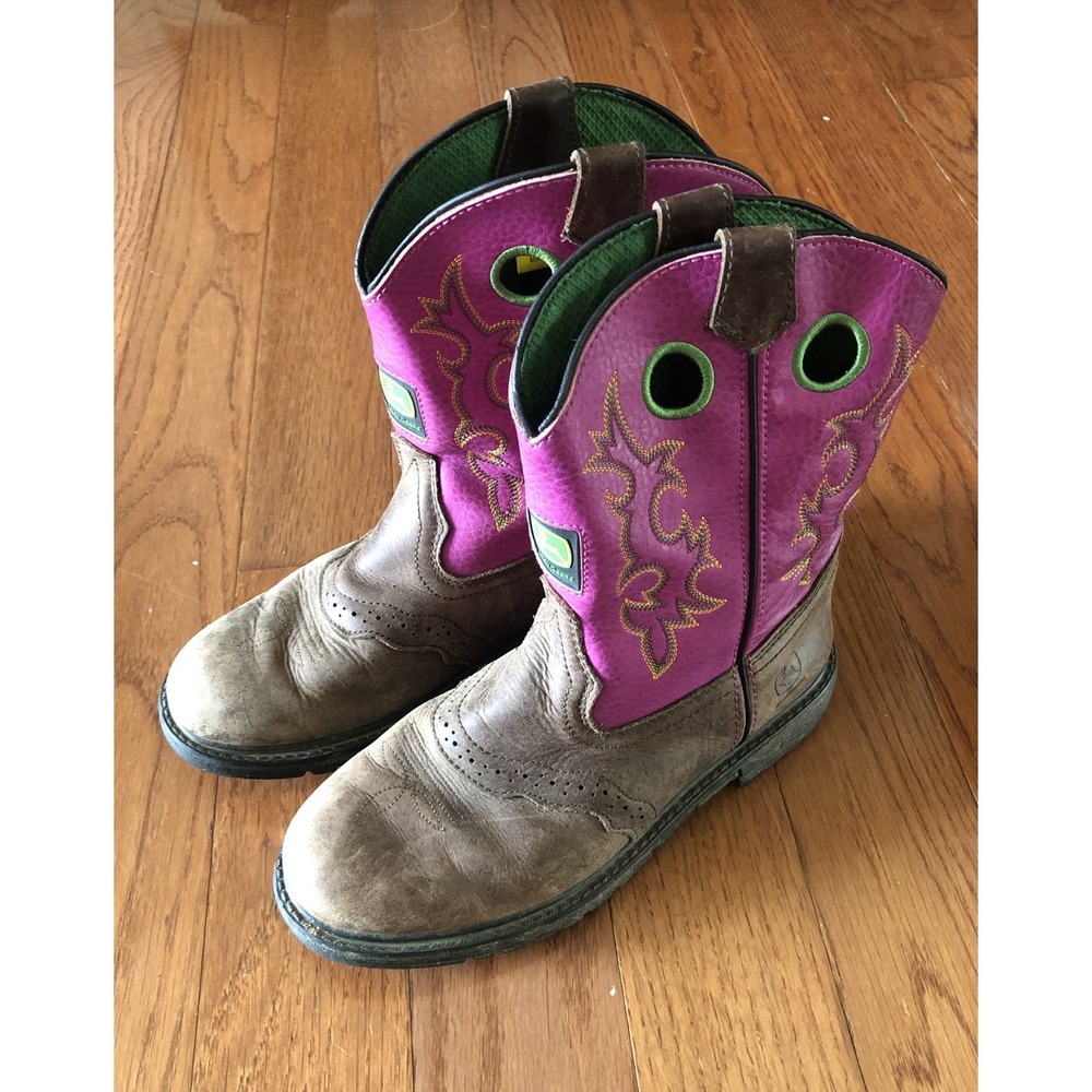 John Deere Youth Cowboy Boots Size 6M Pink Brown Leather Western Kids Work